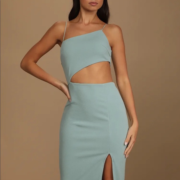 Lulu’s Sage Blue Asymmetrical cutout midi dress - Picture 1 of 8